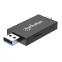 Manhattan USB-A / USB-C kombinuotas kelių kortelių skaitytuvas / rašytuvas, 5 Gbps (USB 3.2 Gen1), vyriškas, microSD ir SD/MMC lizdai, mini formatas, SuperSpeed USB, Windows / Mac, juoda / permatoma, trejų metų garantija