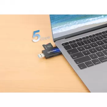 Manhattan USB-A / USB-C kombinuotas kelių kortelių skaitytuvas / rašytuvas, 5 Gbps (USB 3.2 Gen1), vyriškas, microSD ir SD/MMC lizdai, mini formatas, SuperSpeed USB, Windows / Mac, juoda / permatoma, trejų metų garantija