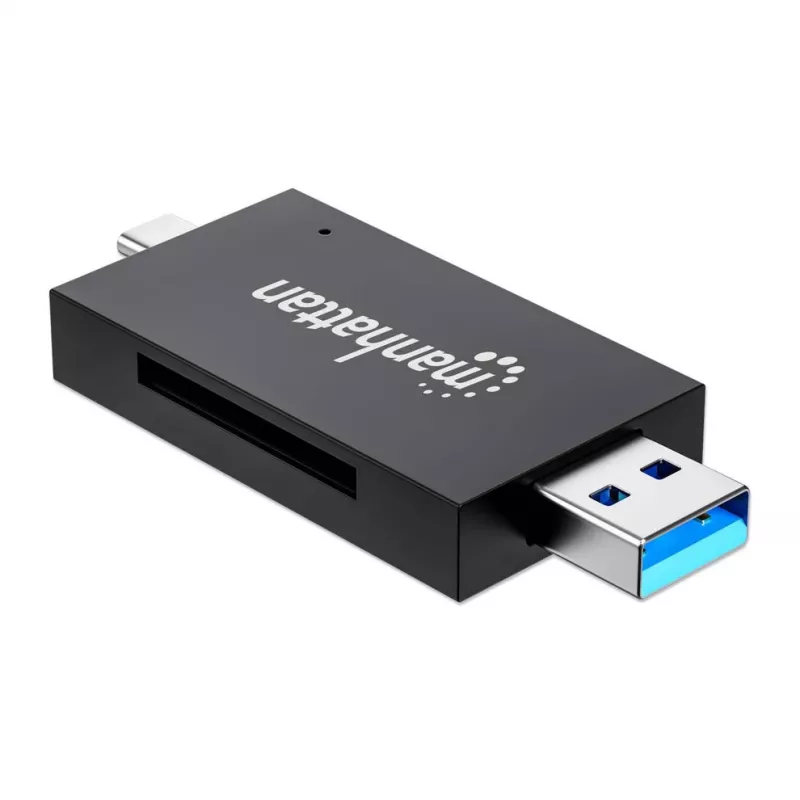 Manhattan USB-A / USB-C kombinuotas kelių kortelių skaitytuvas / rašytuvas, 5 Gbps (USB 3.2 Gen1), vyriškas, microSD ir SD/MMC lizdai, mini formatas, SuperSpeed USB, Windows / Mac, juoda / permatoma, trejų metų garantija