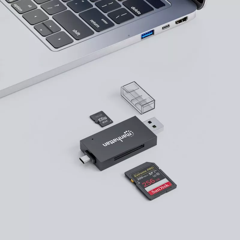 Manhattan USB-A / USB-C kombinuotas kelių kortelių skaitytuvas / rašytuvas, 5 Gbps (USB 3.2 Gen1), vyriškas, microSD ir SD/MMC lizdai, mini formatas, SuperSpeed USB, Windows / Mac, juoda / permatoma, trejų metų garantija