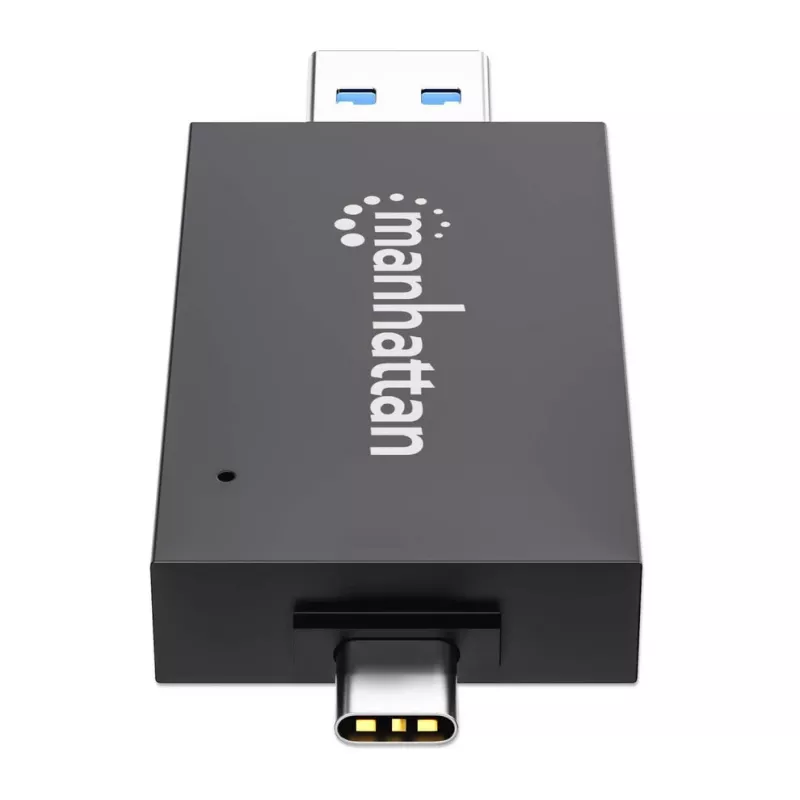 Manhattan USB-A / USB-C kombinuotas kelių kortelių skaitytuvas / rašytuvas, 5 Gbps (USB 3.2 Gen1), vyriškas, microSD ir SD/MMC lizdai, mini formatas, SuperSpeed USB, Windows / Mac, juoda / permatoma, trejų metų garantija