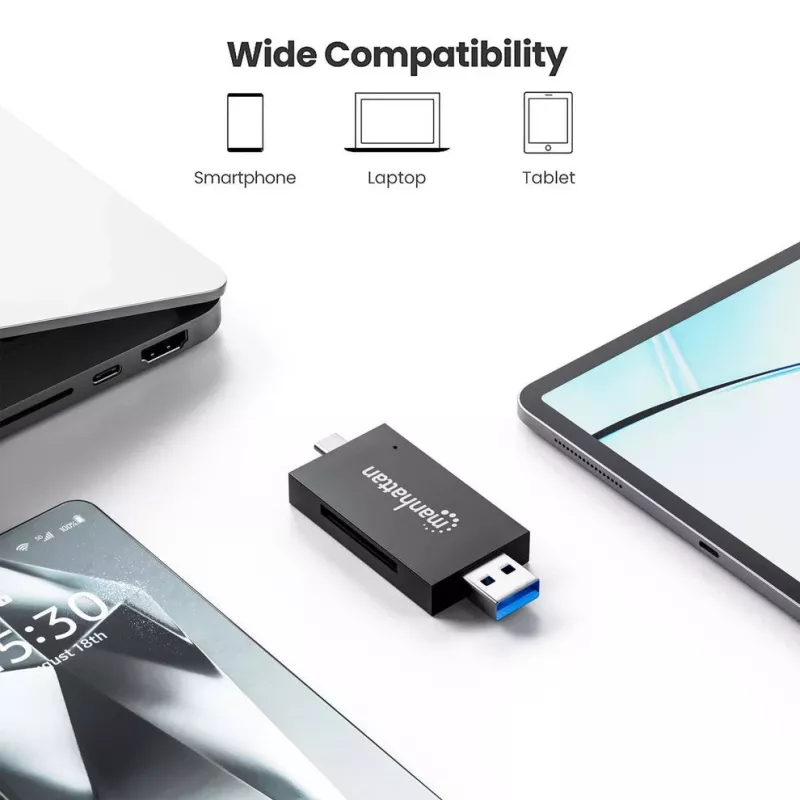 Manhattan USB-A / USB-C kombinuotas kelių kortelių skaitytuvas / rašytuvas, 5 Gbps (USB 3.2 Gen1), vyriškas, microSD ir SD/MMC lizdai, mini formatas, SuperSpeed USB, Windows / Mac, juoda / permatoma, trejų metų garantija