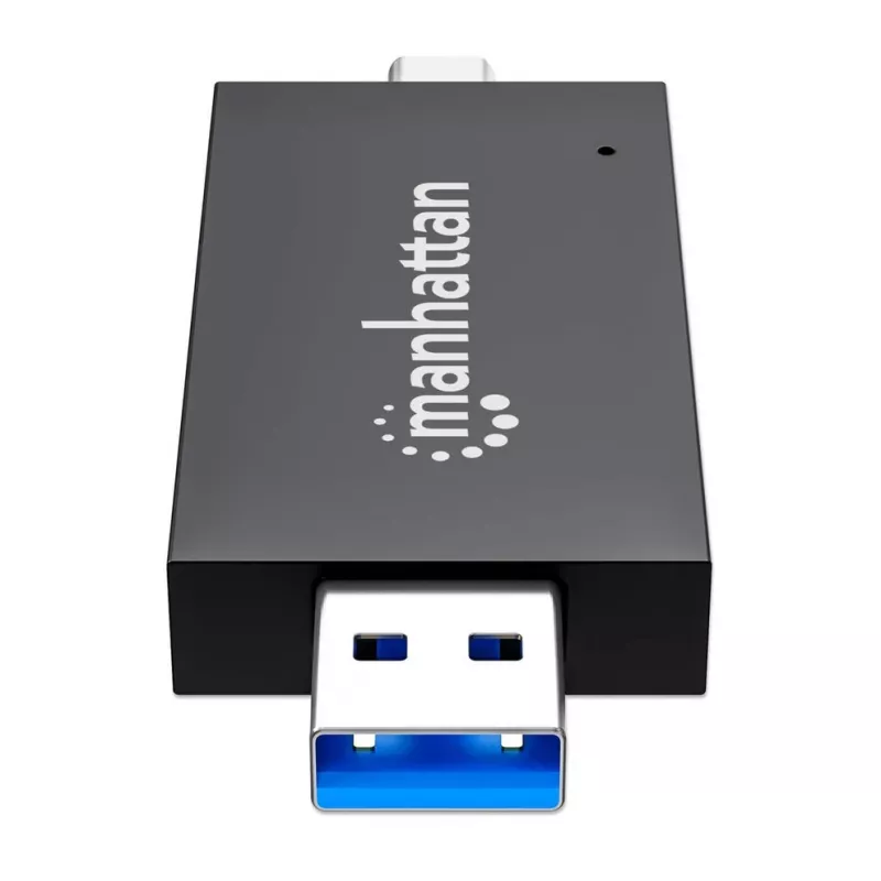 Manhattan USB-A / USB-C kombinuotas kelių kortelių skaitytuvas / rašytuvas, 5 Gbps (USB 3.2 Gen1), vyriškas, microSD ir SD/MMC lizdai, mini formatas, SuperSpeed USB, Windows / Mac, juoda / permatoma, trejų metų garantija