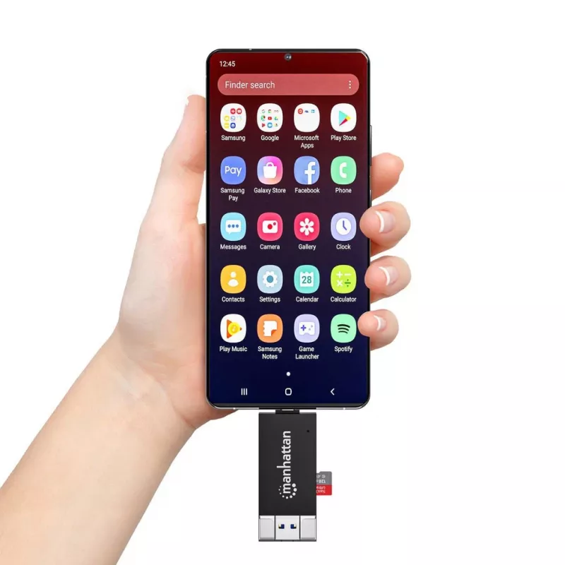 Manhattan USB-A / USB-C kombinuotas kelių kortelių skaitytuvas / rašytuvas, 5 Gbps (USB 3.2 Gen1), vyriškas, microSD ir SD/MMC lizdai, mini formatas, SuperSpeed USB, Windows / Mac, juoda / permatoma, trejų metų garantija