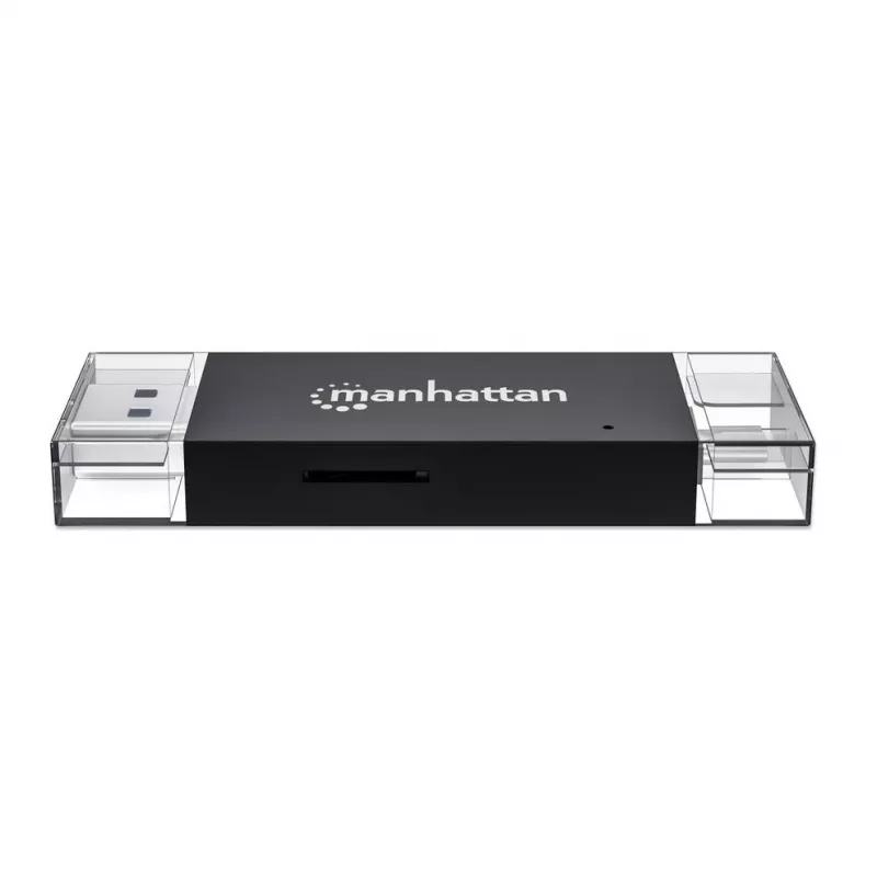 Manhattan USB-A / USB-C kombinuotas kelių kortelių skaitytuvas / rašytuvas, 5 Gbps (USB 3.2 Gen1), vyriškas, microSD ir SD/MMC lizdai, mini formatas, SuperSpeed USB, Windows / Mac, juoda / permatoma, trejų metų garantija