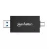 Manhattan USB-A / USB-C kombinuotas kelių kortelių skaitytuvas / rašytuvas, 5 Gbps (USB 3.2 Gen1), vyriškas, microSD ir SD/MMC lizdai, mini formatas, SuperSpeed USB, Windows / Mac, juoda / permatoma, trejų metų garantija
