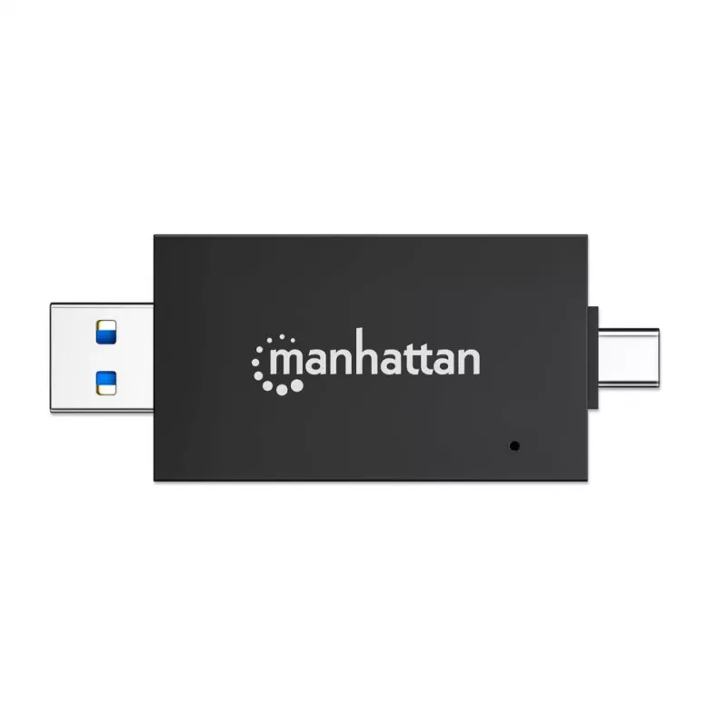 Manhattan USB-A / USB-C kombinuotas kelių kortelių skaitytuvas / rašytuvas, 5 Gbps (USB 3.2 Gen1), vyriškas, microSD ir SD/MMC lizdai, mini formatas, SuperSpeed USB, Windows / Mac, juoda / permatoma, trejų metų garantija