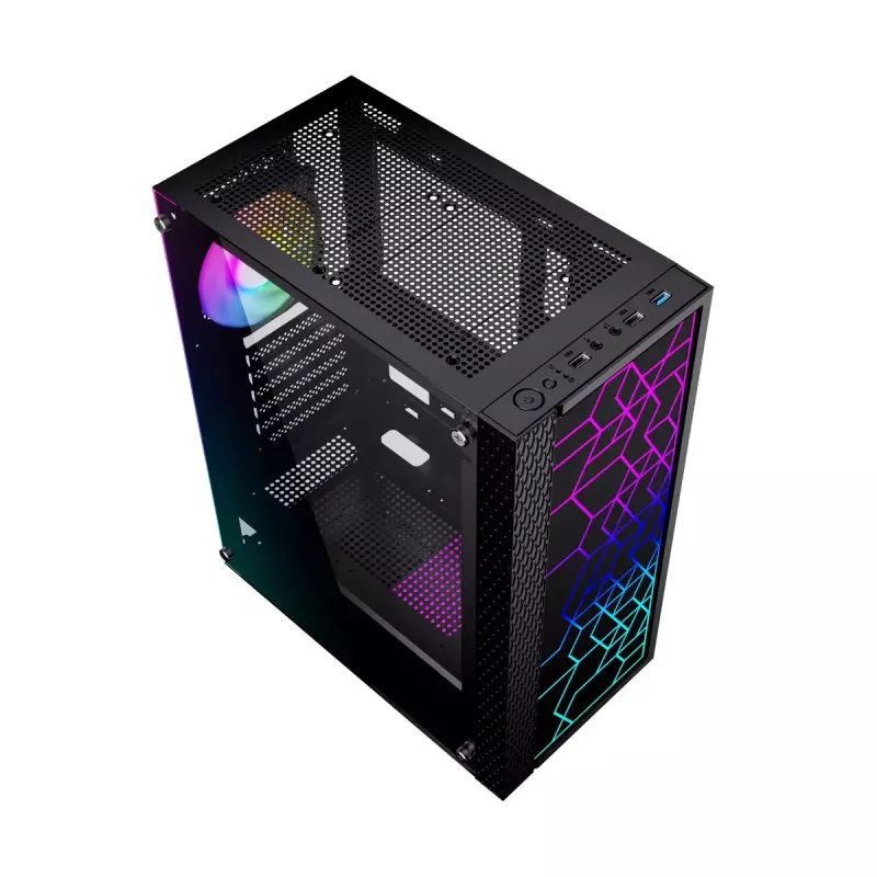 PC korpusas GEMBIRD Fornax 2500 Midi Tower juodas — ATX/ITX, grūdintas stiklas, RGB, 3x120mm priekyje, 2x2,5 colio vietos