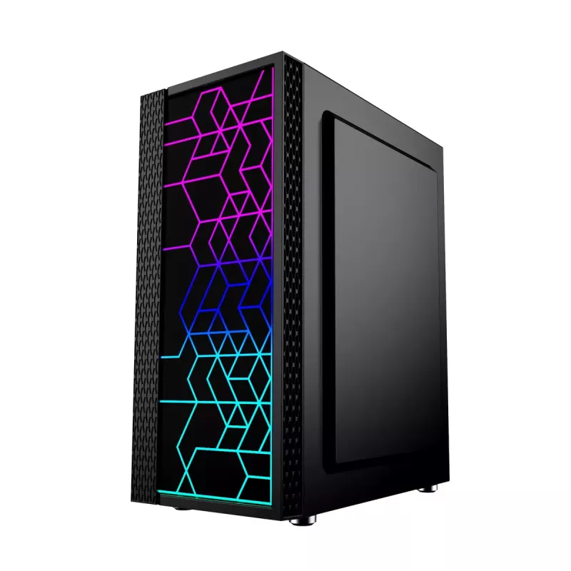 PC korpusas GEMBIRD Fornax 2500 Midi Tower juodas — ATX/ITX, grūdintas stiklas, RGB, 3x120mm priekyje, 2x2,5 colio vietos