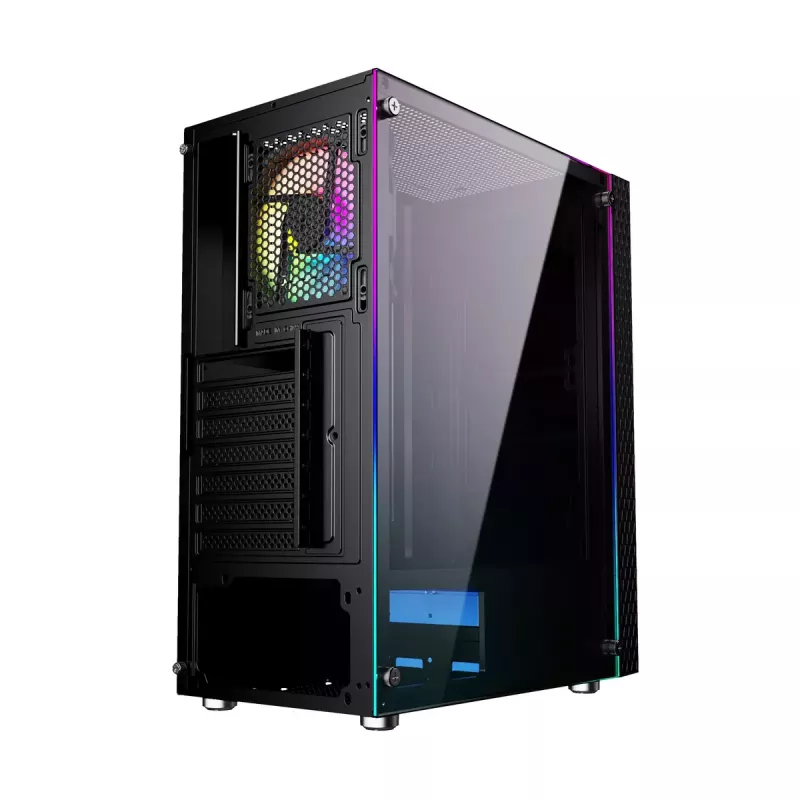 PC korpusas GEMBIRD Fornax 2500 Midi Tower juodas — ATX/ITX, grūdintas stiklas, RGB, 3x120mm priekyje, 2x2,5 colio vietos