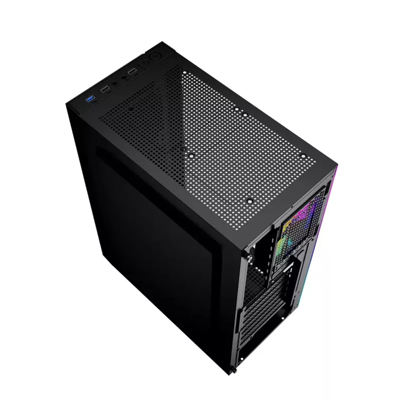 PC korpusas GEMBIRD Fornax 2500 Midi Tower juodas — ATX/ITX, grūdintas stiklas, RGB, 3x120mm priekyje, 2x2,5 colio vietos