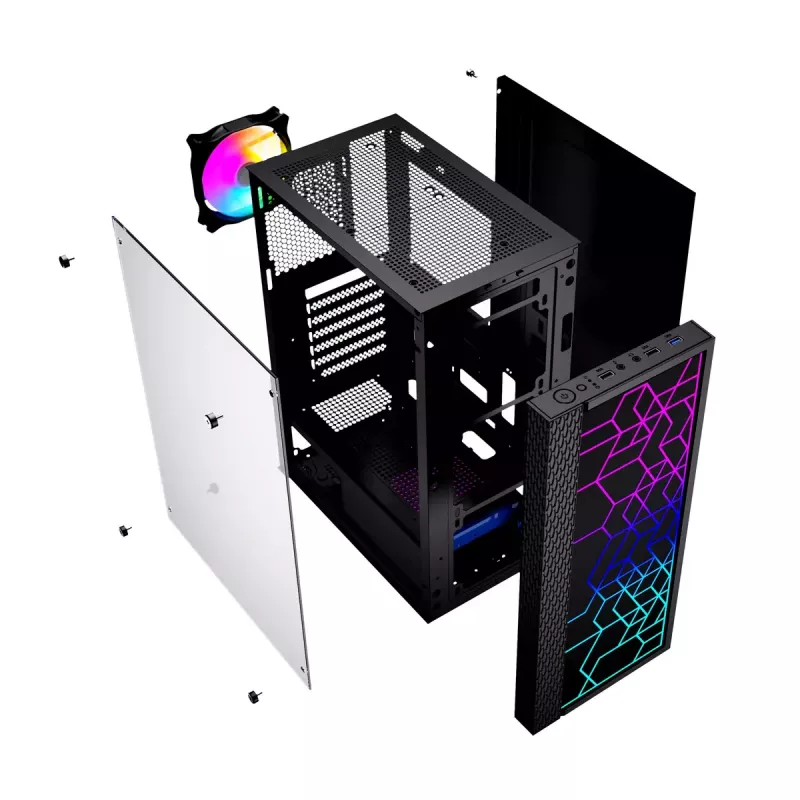 PC korpusas GEMBIRD Fornax 2500 Midi Tower juodas — ATX/ITX, grūdintas stiklas, RGB, 3x120mm priekyje, 2x2,5 colio vietos