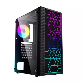 PC korpusas GEMBIRD Fornax 2500 Midi Tower juodas — ATX/ITX, grūdintas stiklas, RGB, 3x120mm priekyje, 2x2,5 colio vietos