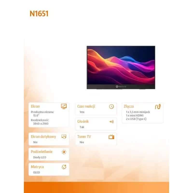 Monitorius Neovo N1651 15.6 colių OLED 4K USB-C mHDMI 400 nitų
