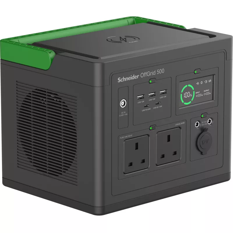 APC SE OffGrid Portable Power Station 500 - nešiojama elektrinė stotelė, Li-Ion baterija, LCD ekranas, 2x UK lizdai, 3x USB-A, 2x USB-C, 3x 12V, belaidis įkroviklis