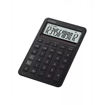 Stalinis skaičiuotuvas CASIO MS-200DQ – Pagrindinis, 12 skaitmenų, baterija/saulė, mokesčių ir pelno funkcijos, juodas