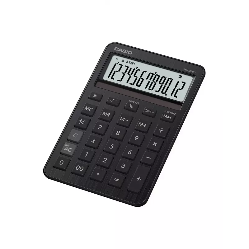 Stalinis skaičiuotuvas CASIO MS-200DQ – Pagrindinis, 12 skaitmenų, baterija/saulė, mokesčių ir pelno funkcijos, juodas