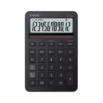 Stalinis skaičiuotuvas CASIO MS-200DQ – Pagrindinis, 12 skaitmenų, baterija/saulė, mokesčių ir pelno funkcijos, juodas