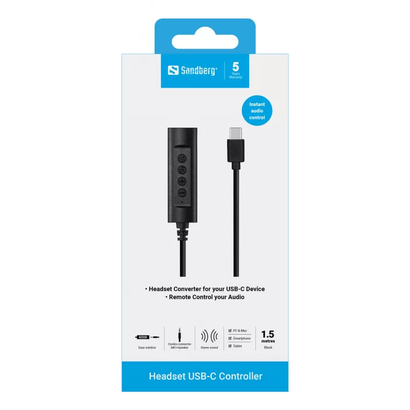 Sandberg Headset USB-C valdiklis, 1,5 m, juodas