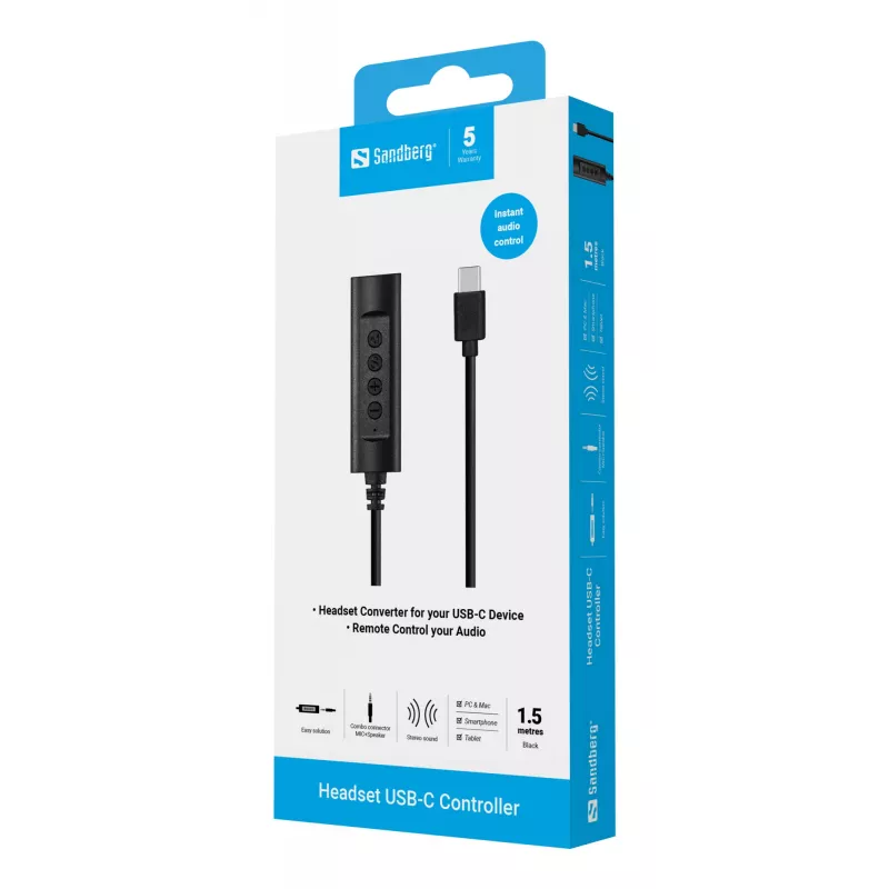 Sandberg Headset USB-C valdiklis, 1,5 m, juodas