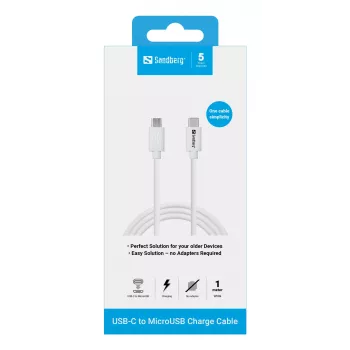 Sandberg USB-C į MicroUSB įkrovimo laidas 1 m, USB C, Micro-USB B, Baltas