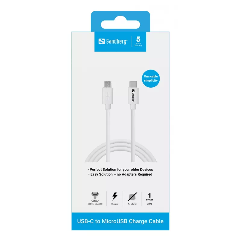 Sandberg USB-C į MicroUSB įkrovimo laidas 1 m, USB C, Micro-USB B, Baltas