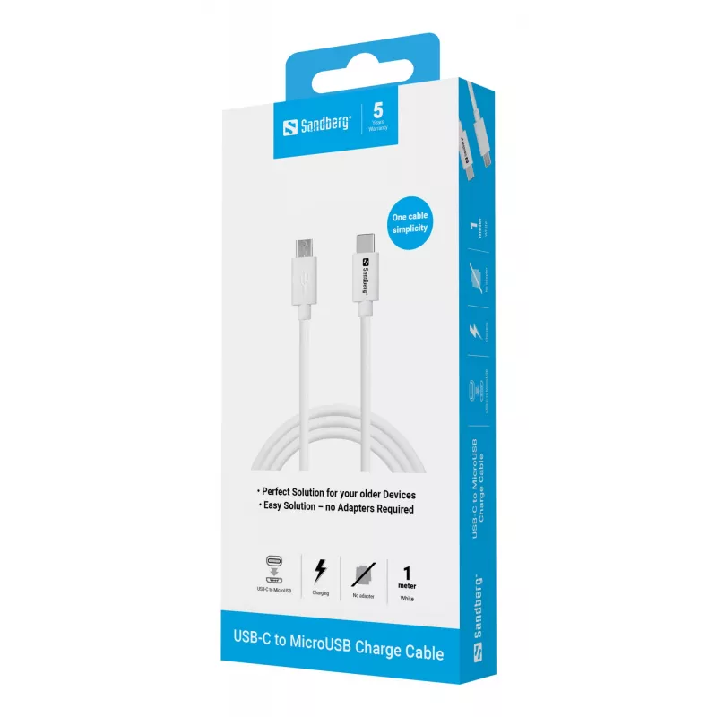 Sandberg USB-C į MicroUSB įkrovimo laidas 1 m, USB C, Micro-USB B, Baltas