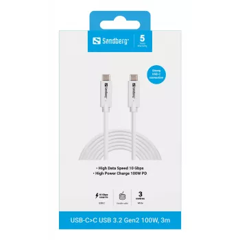 Sandberg USB-C į USB-C laidas, USB 3.2 Gen2, 100W, 3 m, baltas