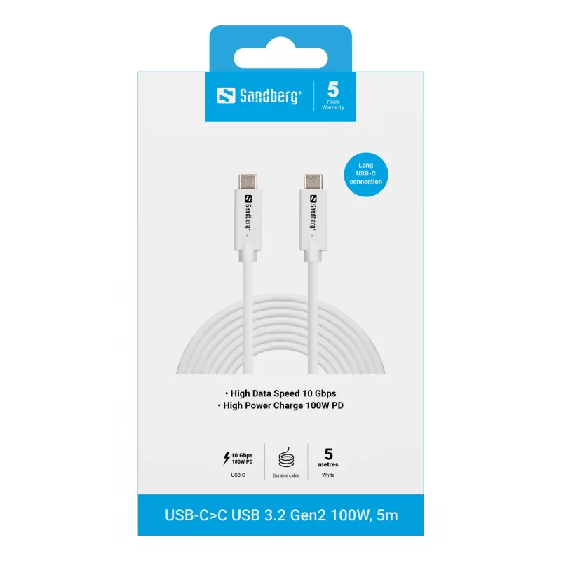 Sandberg USB-C>C USB 3.2 Gen2 100W, 5m, baltas