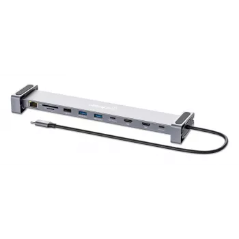 Manhattan USB-C dokų stotelė / centras su kortelių skaitytuvu ir MST, 7 prievadai: Ethernet, HDMI (2x 4K@60Hz), USB-A (3x), USB-C, Power Delivery 100W (reikalingas išorinis USB-C įkroviklis, nepridedamas)