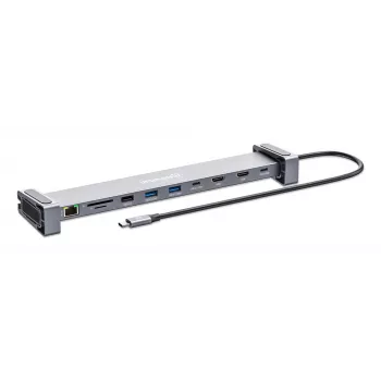 Manhattan USB-C dokų stotelė / centras su kortelių skaitytuvu ir MST, 7 prievadai: Ethernet, HDMI (2x 4K@60Hz), USB-A (3x), USB-C, Power Delivery 100W (reikalingas išorinis USB-C įkroviklis, nepridedamas)