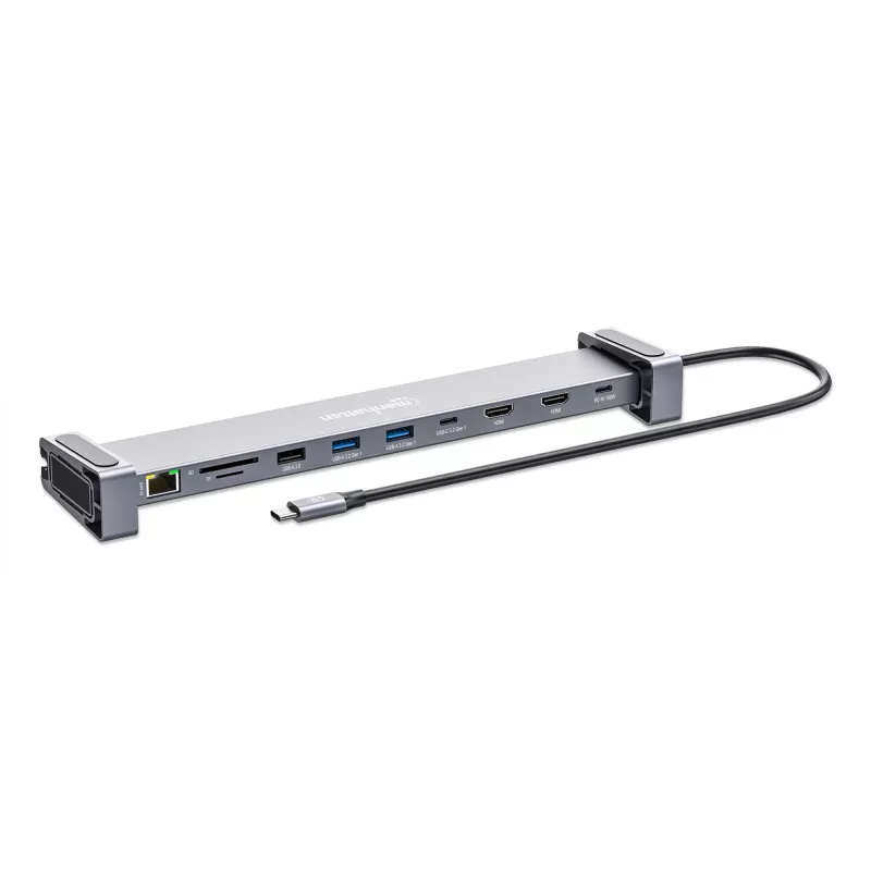 Manhattan USB-C dokų stotelė / centras su kortelių skaitytuvu ir MST, 7 prievadai: Ethernet, HDMI (2x 4K@60Hz), USB-A (3x), USB-C, Power Delivery 100W (reikalingas išorinis USB-C įkroviklis, nepridedamas)
