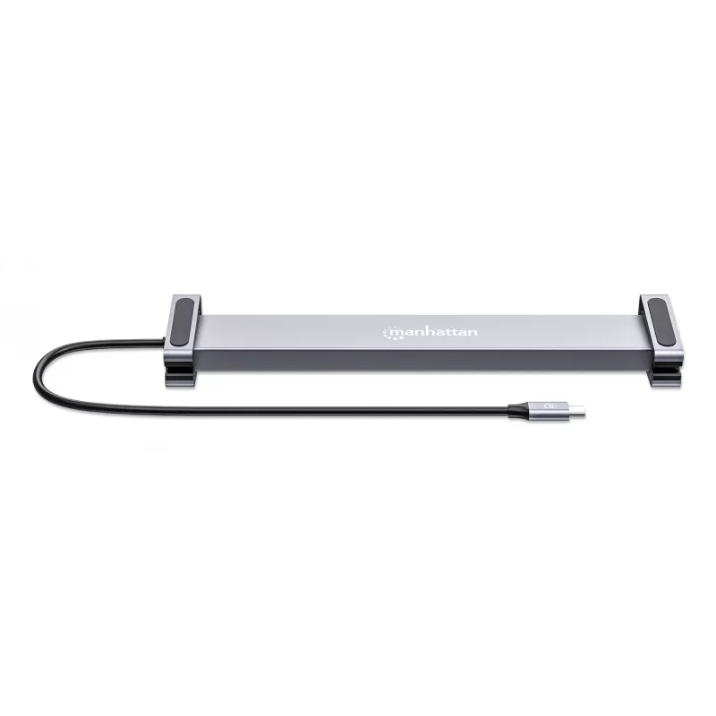 Manhattan USB-C dokų stotelė / centras su kortelių skaitytuvu ir MST, 7 prievadai: Ethernet, HDMI (2x 4K@60Hz), USB-A (3x), USB-C, Power Delivery 100W (reikalingas išorinis USB-C įkroviklis, nepridedamas)