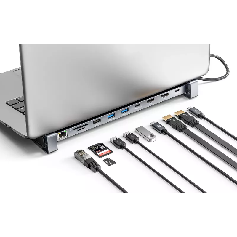 Manhattan USB-C dokų stotelė / centras su kortelių skaitytuvu ir MST, 7 prievadai: Ethernet, HDMI (2x 4K@60Hz), USB-A (3x), USB-C, Power Delivery 100W (reikalingas išorinis USB-C įkroviklis, nepridedamas)