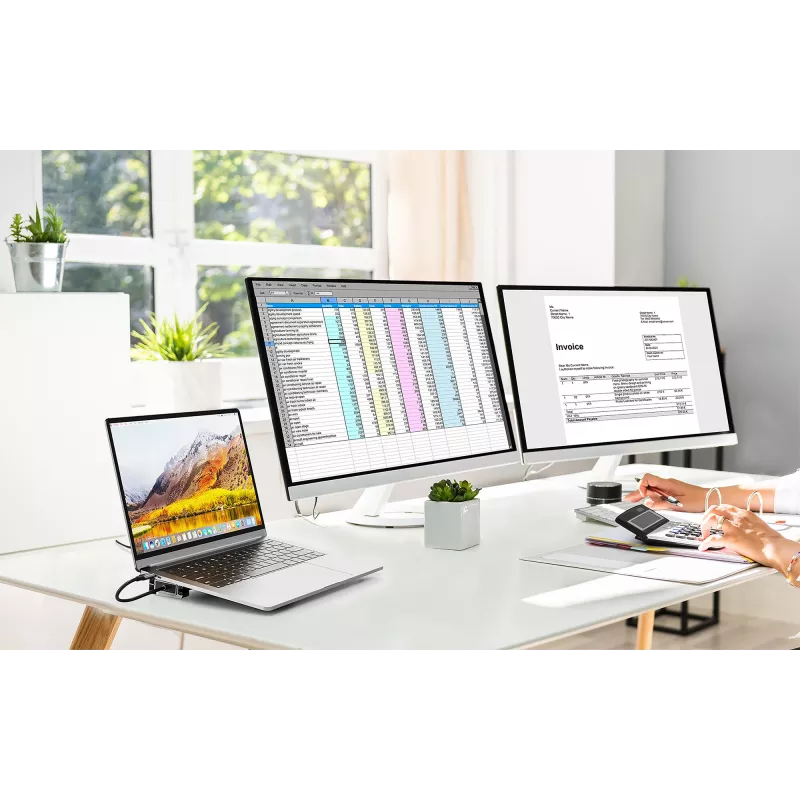 Manhattan USB-C dokų stotelė / centras su kortelių skaitytuvu ir MST, 7 prievadai: Ethernet, HDMI (2x 4K@60Hz), USB-A (3x), USB-C, Power Delivery 100W (reikalingas išorinis USB-C įkroviklis, nepridedamas)