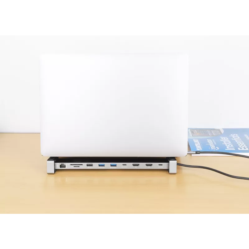 Manhattan USB-C dokų stotelė / centras su kortelių skaitytuvu ir MST, 7 prievadai: Ethernet, HDMI (2x 4K@60Hz), USB-A (3x), USB-C, Power Delivery 100W (reikalingas išorinis USB-C įkroviklis, nepridedamas)