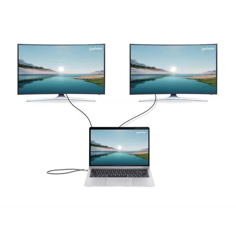 Manhattan USB-C dokų stotelė / centras su kortelių skaitytuvu ir MST, 7 prievadai: Ethernet, HDMI (2x 4K@60Hz), USB-A (3x), USB-C, Power Delivery 100W (reikalingas išorinis USB-C įkroviklis, nepridedamas)