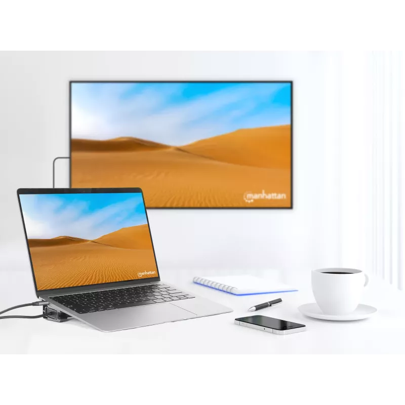 Manhattan USB-C dokų stotelė / centras su kortelių skaitytuvu ir MST, 7 prievadai: Ethernet, HDMI (2x 4K@60Hz), USB-A (3x), USB-C, Power Delivery 100W (reikalingas išorinis USB-C įkroviklis, nepridedamas)