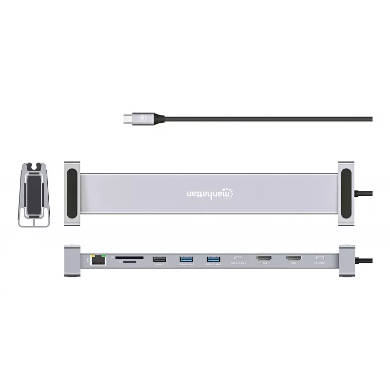 Manhattan USB-C dokų stotelė / centras su kortelių skaitytuvu ir MST, 7 prievadai: Ethernet, HDMI (2x 4K@60Hz), USB-A (3x), USB-C, Power Delivery 100W (reikalingas išorinis USB-C įkroviklis, nepridedamas)