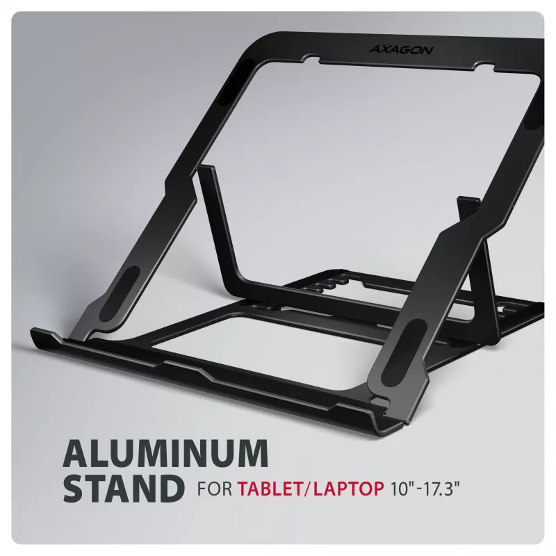 Stovas nešiojamam kompiuteriui Axagon STND-LAB aliumininis, 10 inch–17,3 inch, aštuoni aukščio ir kampo reguliavimai, juodas