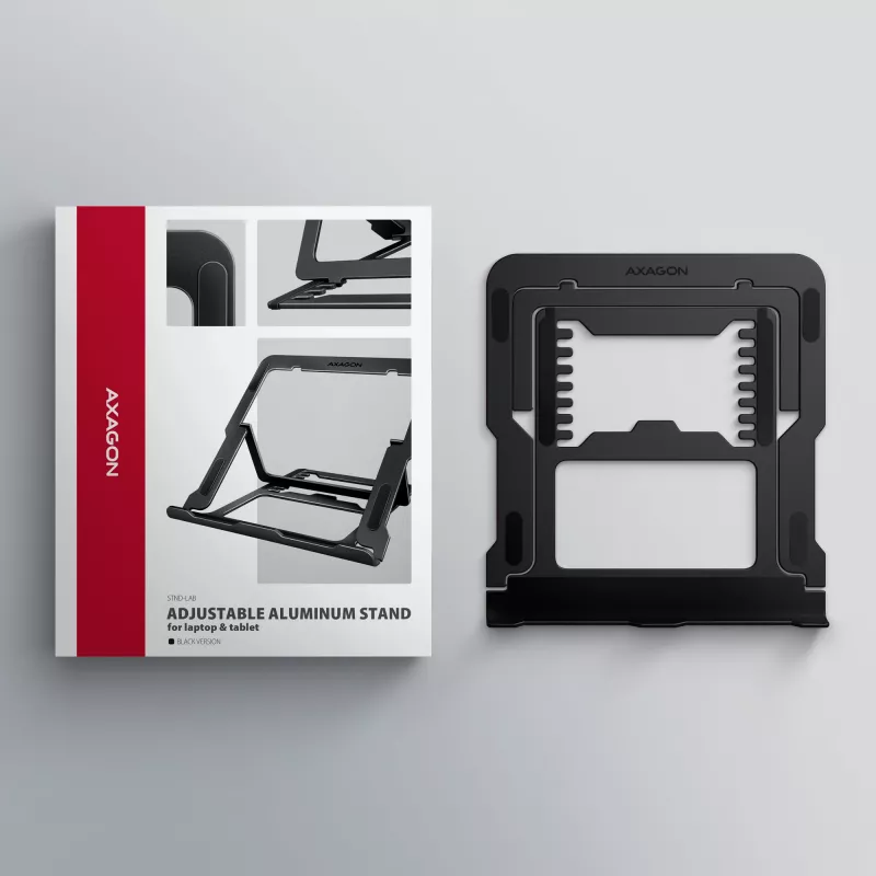 Stovas nešiojamam kompiuteriui Axagon STND-LAB aliumininis, 10 inch–17,3 inch, aštuoni aukščio ir kampo reguliavimai, juodas