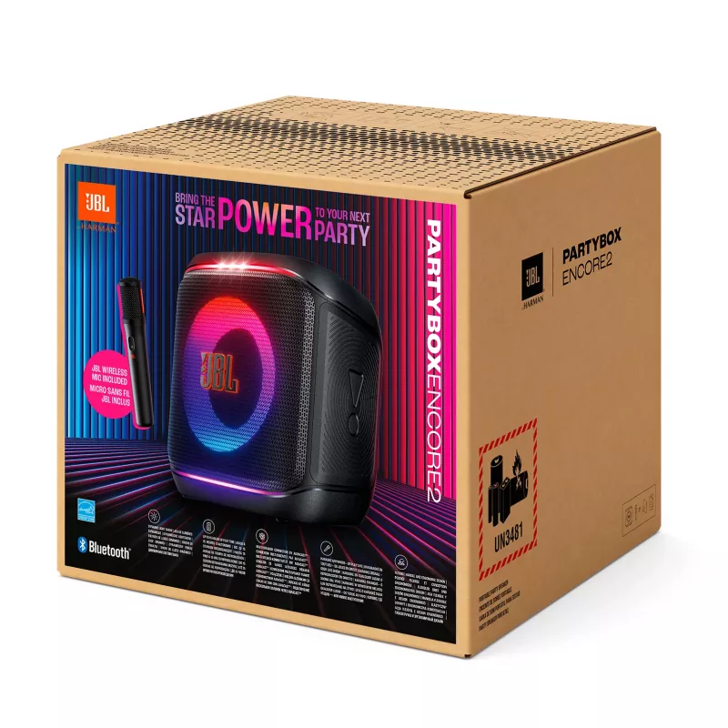 Nešiojamas mono garsiakalbis JBL Encore 2 Mono Black – 100 W, atsparus vandens purslams, Bluetooth ir laidinis