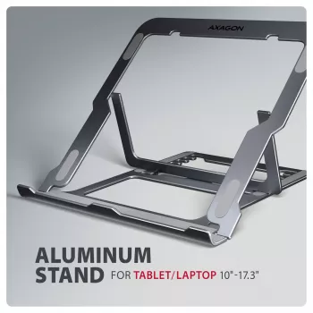 Axagon STND-LAG Aliumininis stovas nešiojamam kompiuteriui 10 inch–17,3 inch, aštuoni reguliavimo lygiai, pilka spalva