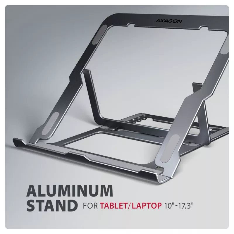Axagon STND-LAG Aliumininis stovas nešiojamam kompiuteriui 10 inch–17,3 inch, aštuoni reguliavimo lygiai, pilka spalva