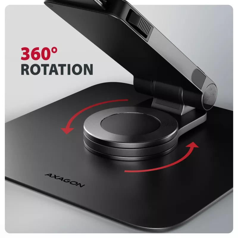 Stovas nešiojamam kompiuteriui AXAGON STND-LRB — aliuminis, 360° sukimas, 10–17,3 colių, reguliuojamas aukštis iki 26 cm, pakreipimas 0–180°, juodas