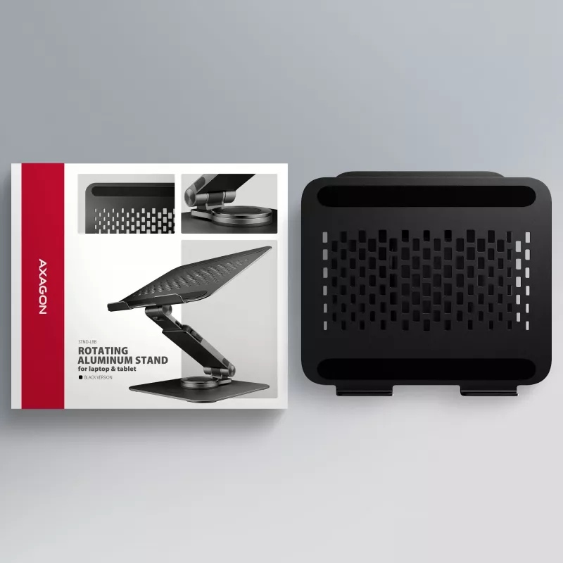 Stovas nešiojamam kompiuteriui AXAGON STND-LRB — aliuminis, 360° sukimas, 10–17,3 colių, reguliuojamas aukštis iki 26 cm, pakreipimas 0–180°, juodas