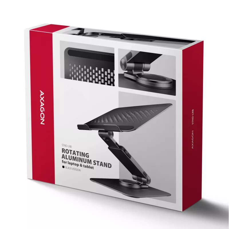Stovas nešiojamam kompiuteriui AXAGON STND-LRB — aliuminis, 360° sukimas, 10–17,3 colių, reguliuojamas aukštis iki 26 cm, pakreipimas 0–180°, juodas