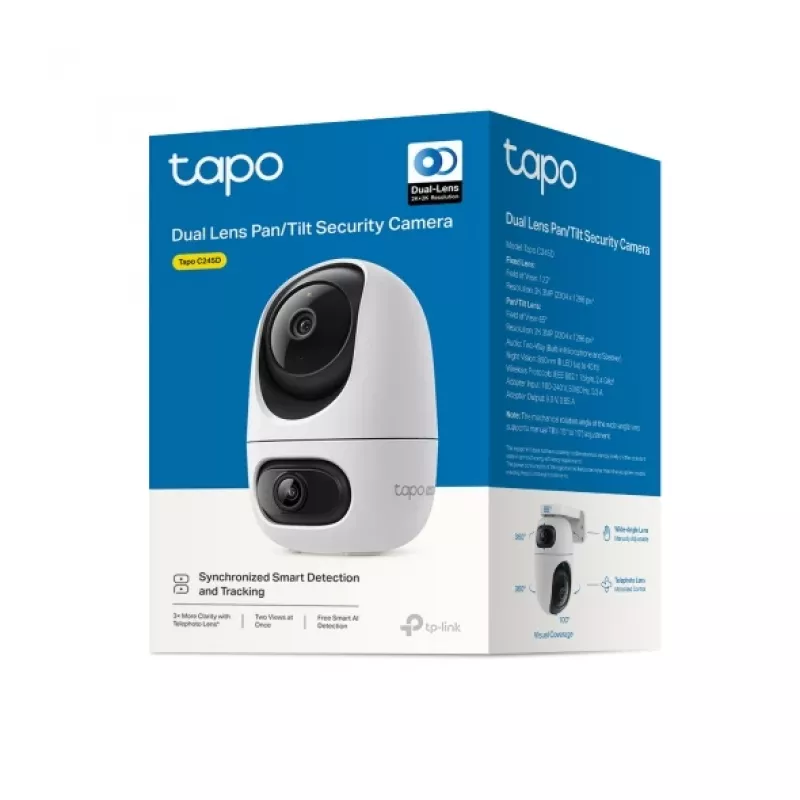 IP vaizdo stebėjimo kamera TP-Link Tapo C245D 2304×1296, 3,1 mm objektyvas, 104,3° horizontalus, lubų/sienos montavimas, belaidė, vidaus, balta