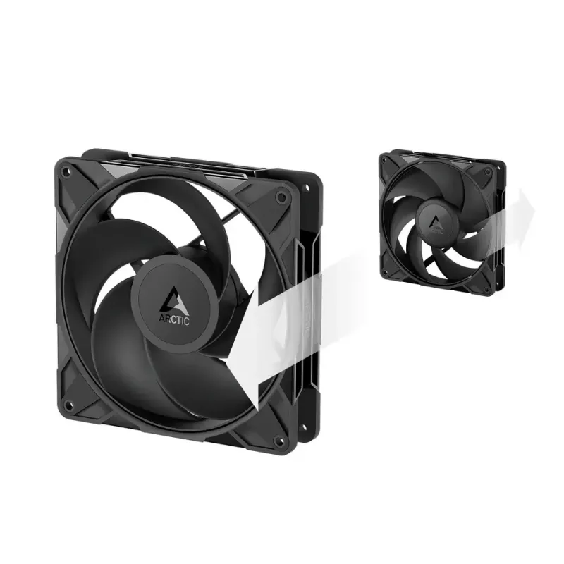 140 mm ventiliatorius Arctic Freezer P14 Pro Reverse — 166,5 m³/h, 5,1 mmH₂O, Fluid Dynamic Bearing, A‑RGB, PWM, juodas, su kabelio dalikliu