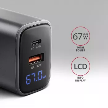 Sieninis įkroviklis AXAGON ACU-PQ67D, 67W, USB-C PD3.0 + USB-A QC4+, 2 išėjimai, LCD ekranas, 100–240V